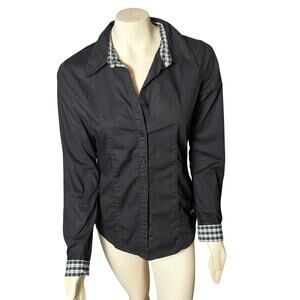 GUESS Black Women's Button-Down Shirt B&W Plaid Cuffs Embroidered on Back